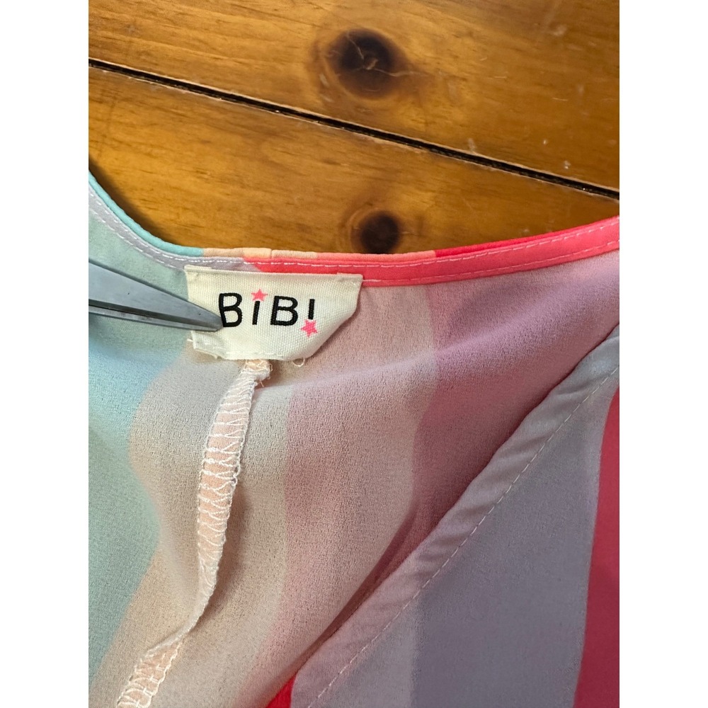 BiBi Women Large Pink Mint Striped V-Neck Chiffon High-Low‎ Blouse Short Sleeve - Picture 4 of 8